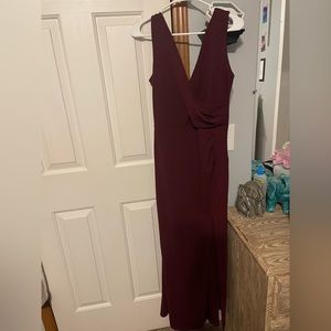 Burgundy bridesmaid dress with slit on side check front and back